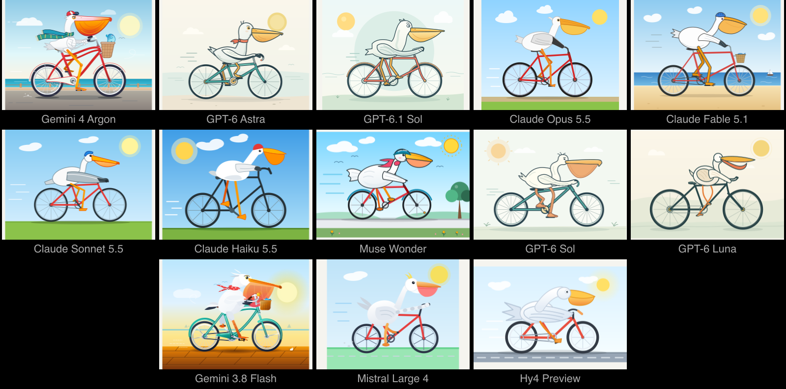 Thirteen pelicans riding bicycles from recent LLMs, with each model labelled